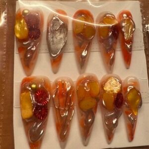 Press On Nails Stiletto Orange Gold Red‎ Gem Rhinestone Embellished Glamour